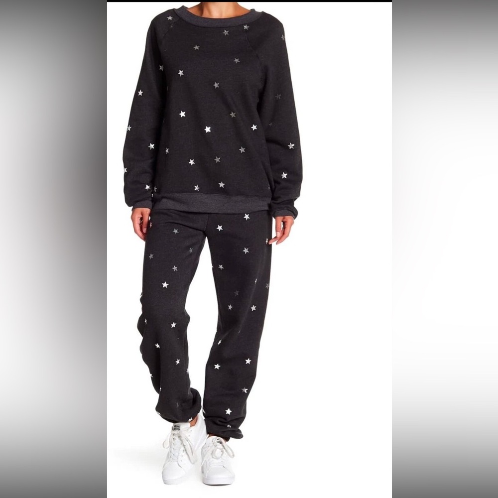 WILDFOX TWINKLE FOIL STAR SWEATSHIRT‎ +SWEATPANTS SWEATSUIT BLACK